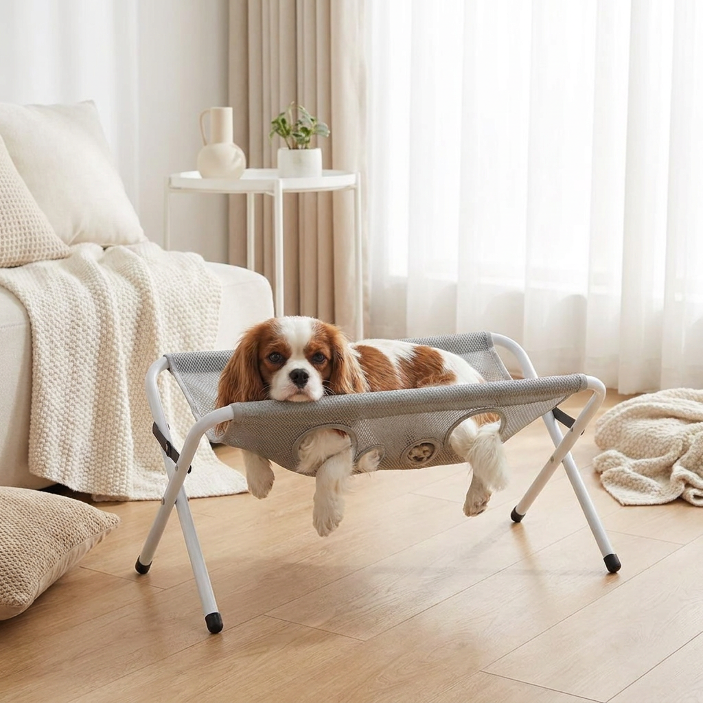 Liten hund vilar lugnt i groominghängmattan