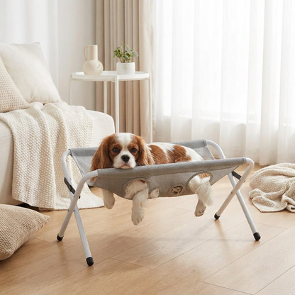 Liten hund vilar lugnt i groominghängmattan