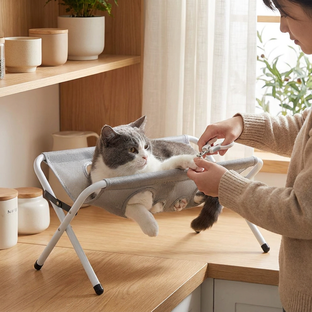 Kloklippning av katt i hängmattan